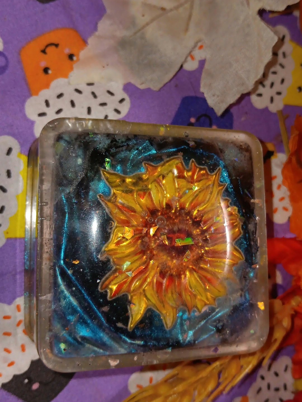 Handmade Resin Trinket Box – Sunflower on Black & White Marble